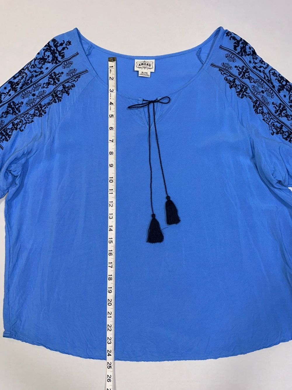 Ariat XL Blue Boho Peasant Top Embroidered 3/4 Sleeves Coastal *FLAWS* - Picture 12 of 14